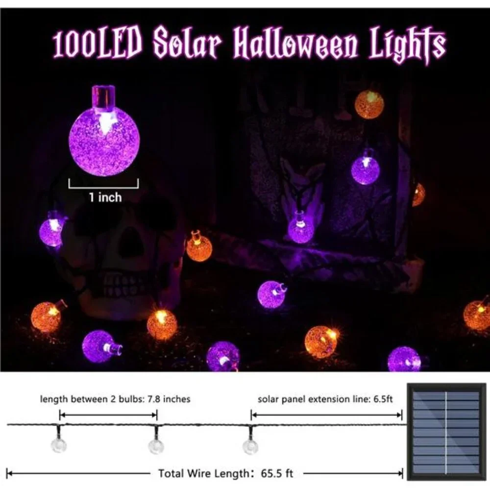 Orange Purple Solar Halloween Lights,72FT 100 LED Halloween Globe Lights,8 Modes
